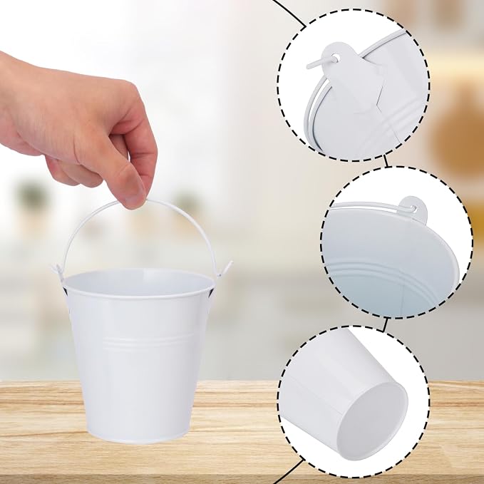 18 Pack 4" White Mini Metal Bucket, Elegant Galvanized Buckets with Handles, Tin Buckets, Small Iron Bucket, Mini Metal Pail for Party Favors, Crafts, Garden & Beach