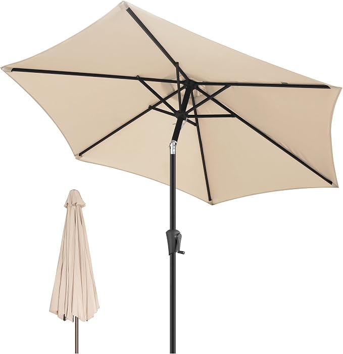 FLAME&SHADE 10ft Patio Umbrella - Outdoor Umbrella with 6 Sturdy Ribs, Push Button Tilt and Crank, UV Protection Table Market Umbrella for Pool, Porch, Garden, Deck, Backyard (Beige)