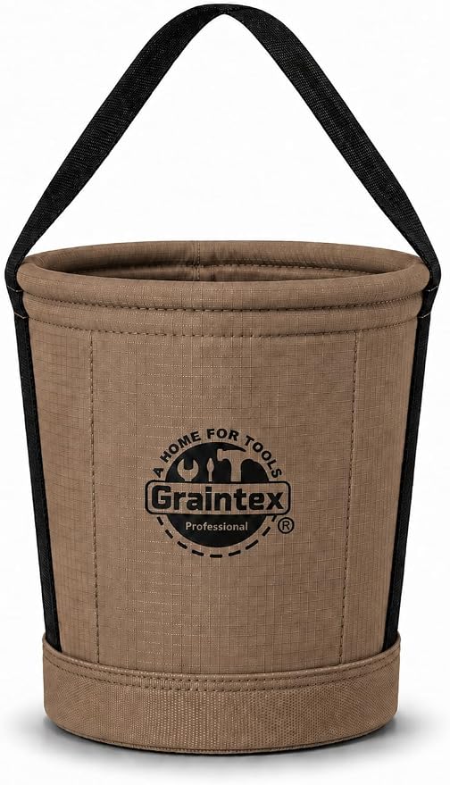 Graintex Canvas Utility Bucket 12"x10"x15". Tapered Tool Bucket, Reinforced Base & Carry Handle, Ripstop Canvas, Multi-Purpose Bag for Jobsite, Gardening, Home Use - Beige