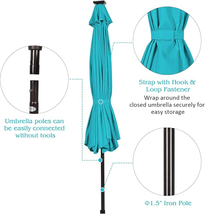 HAPPYGRILL 10FT Patio Umbrella with Lights Outdoor Solar Powered Sunbrella with Tilt Crank Umbrella for Garden Poolside Backyard Beach