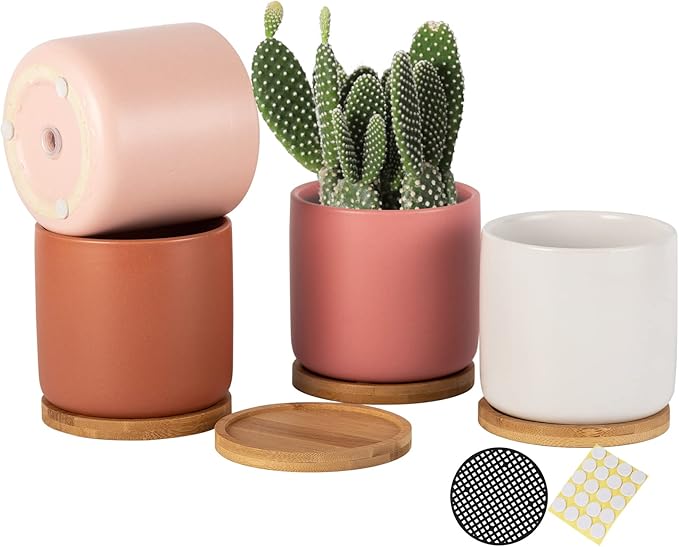 4 Inch Ceramic Plant Pot with Saucer, Multicolor Planters Pots with Drainage Hole and Mesh Pads for Succulent, Indoor Flowers, Snake Plants, Cactus, Herbs, Set of 4 (Plant Not Included)