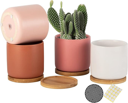 4 Inch Ceramic Plant Pot with Saucer, Multicolor Planters Pots with Drainage Hole and Mesh Pads for Succulent, Indoor Flowers, Snake Plants, Cactus, Herbs, Set of 4 (Plant Not Included)