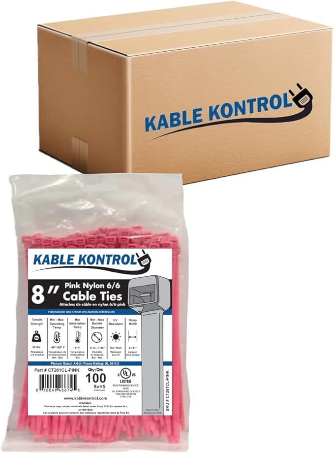 Kable Kontrol Pink Zip Ties 8 Inch 10,000 Pcs, 50 Lbs Tensile Strength, Bulk Pack, Self-locking Nylon Colored Cable Ties Wire Wraps for Indoor or Outdoor Use