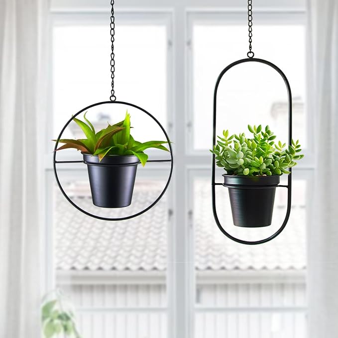 Modern Metal Hanging Planters Set of 2 - Round and Oval Geometric Plant Hangers with 5 Inch Pots - Black Wall and Ceiling Mount Flower Holders for Indoor and Covered Outdoor Décor