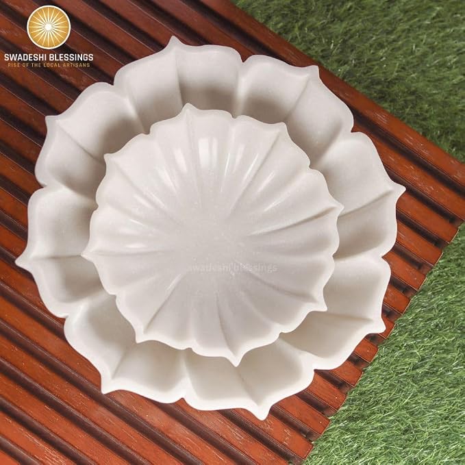 SWADESHI BLESSINGS HandCrafted Marble Lotus Bowl/Organic Modern Home Decor Bowl/Fruit Bowl/Vintage Ring Dish/Decorative Flower Dish/HouseWarming Gifts/Wedding Gifts/Urli (10 Inches)