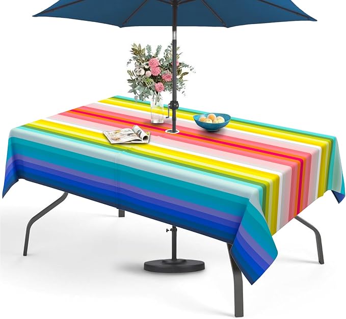 Mexico Strip Outdoor Tablecloth with Umbrella Hole 60" x 102" Waterproof Zipper Table Cloth for Patio Table - Ideal Tablecloths for Picnics, Camping, and Yard Use