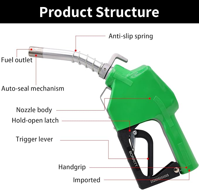 3/4" Inch NPT Green Fuel Nozzle,Automatic Shut Off Heavy Duty W/360° Hose Swivel Gas Fuel Transfer Pump Nozzle,304 13/16" Spout nozzle bushing,Copper Valve,Hook,16 gpm Flow Rate For Gas,Diesel
