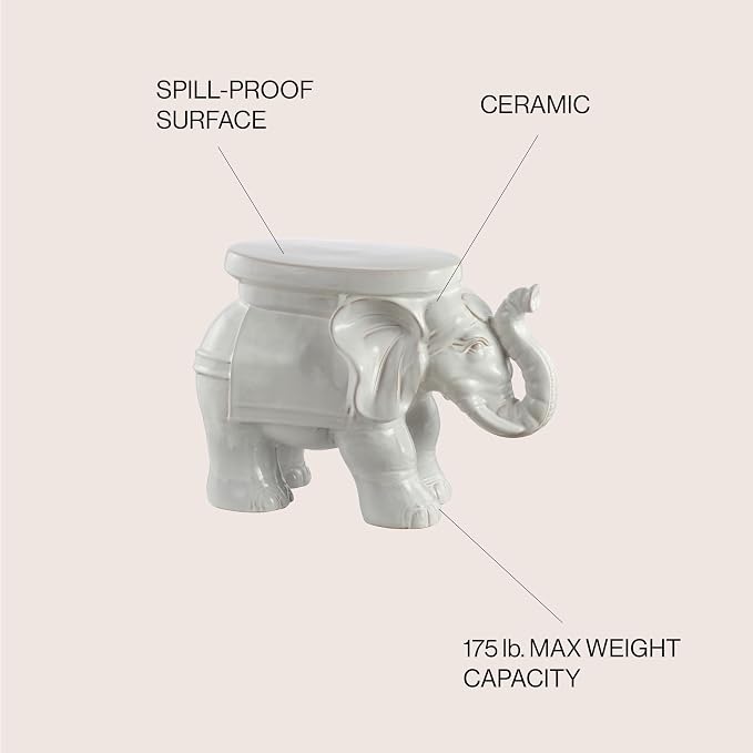 JONATHAN Y White Elephant 14.25" Glazed Ceramic Elephant Garden Stool, Weather-Resistant Indoor/Outdoor Patio Side Table and Plant Stand, Bohemian, Antique White TBL1007A