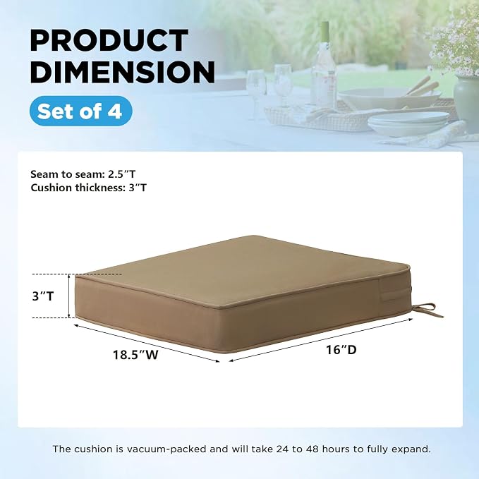 19 x 19 Inch Sunbrella Outdoor Chair Cushions with Tie Straps, Set of 4 Thick Water Repellent Square Patio Chair Pads for Garden Lawn Patio Furniture, Canvas Camel