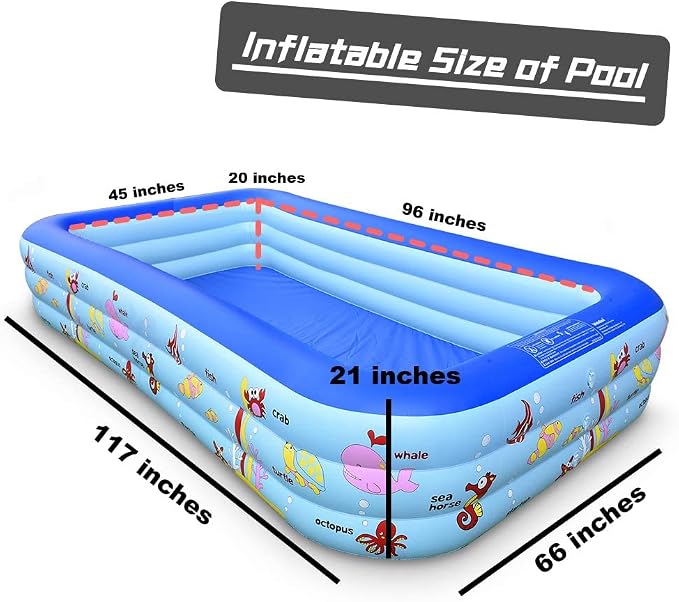Inflatable Swimming Pool, Family Kiddie Pool, 117" x 66" x 21" Full-Sized Inflatable Pool for Kids and Adults, Blow Up Lounge Pool for Backyard, Garden, Outdoor, Party