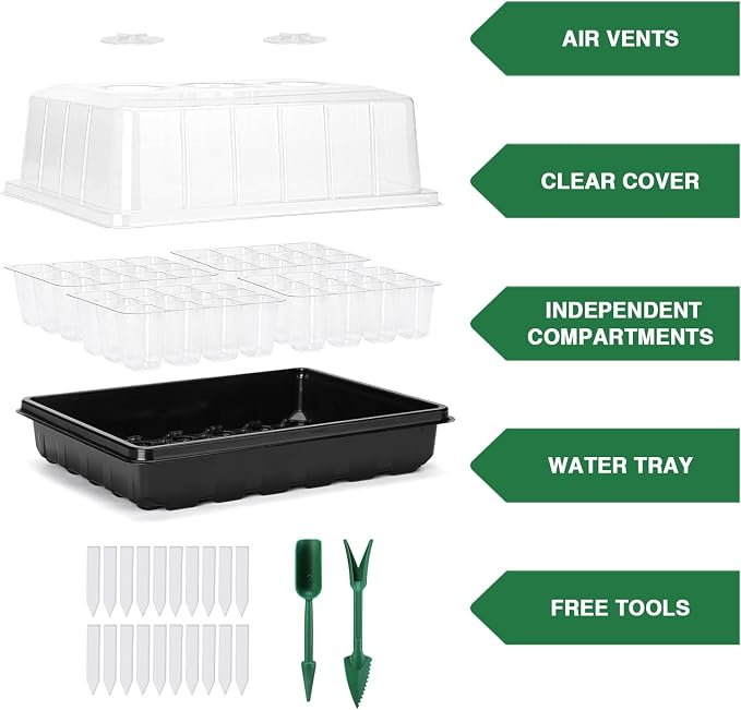 Delxo 144 Cells Seed Starter Kit 3 Pack Large Seedling Starter Tray Total with Humidity Domes - Adjustable Vents & Deep Base Germination Kit for Indoor Gardening - Includes 10 Tags & Tools