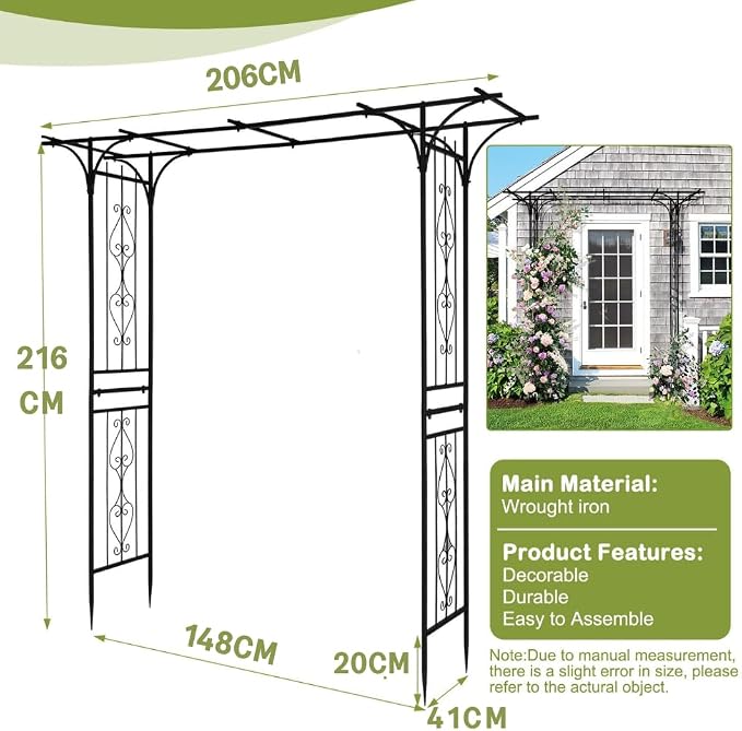 Garden Arch Trellis, Heavy-Duty Steel Frame Support Arbour Archway for Climbing Plant, Rose Vines, Vegetables, Outdoor Decoration for Lawn Backyard Party Wedding, Flat Top