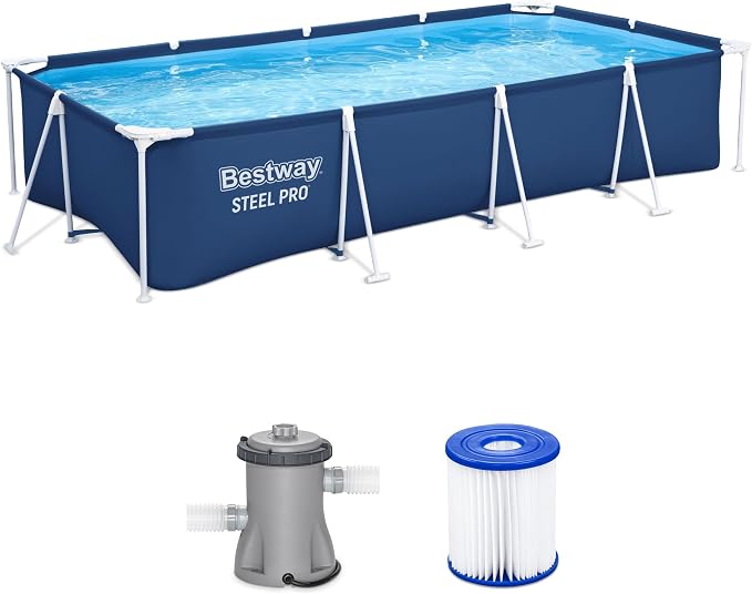 Bestway Steel Pro 13.1' x 6.8' x 32" Above Ground Swimming Pool Set w/Pump | Durable Rectangular Metal Frame Outdoor Backyard Pool, Puncture-Resistant Liner - Type I Filter Cartridge Included, Blue