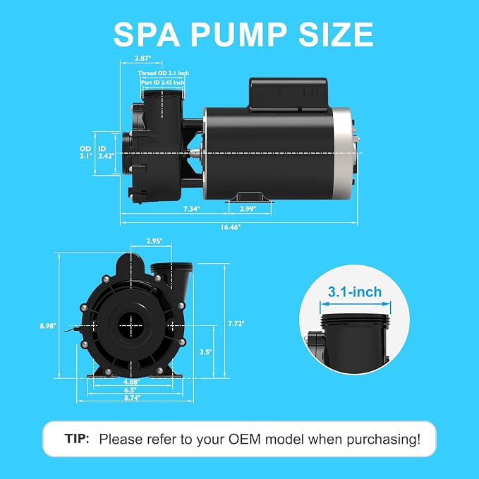 WUA200-II SPA Pump, 2 Speed Hot Tub Pumps 2HP - LX SPA Pump Motor 220V-240V, 2" Port, 56 Frame (Mode:56WUA200-II）