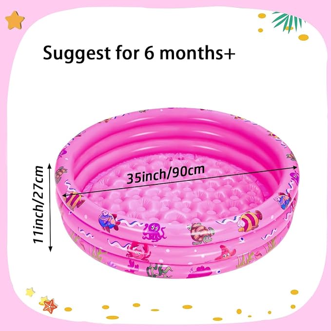 Inflatable Baby Kiddie Pools, 3 Rings Round Swimming Pool, Toddler Fun Water Swim Beach Floaties Toys, Kids Fishing Pond Ball Pit Pool, Small Infant Pool (Pink, 35 inch)