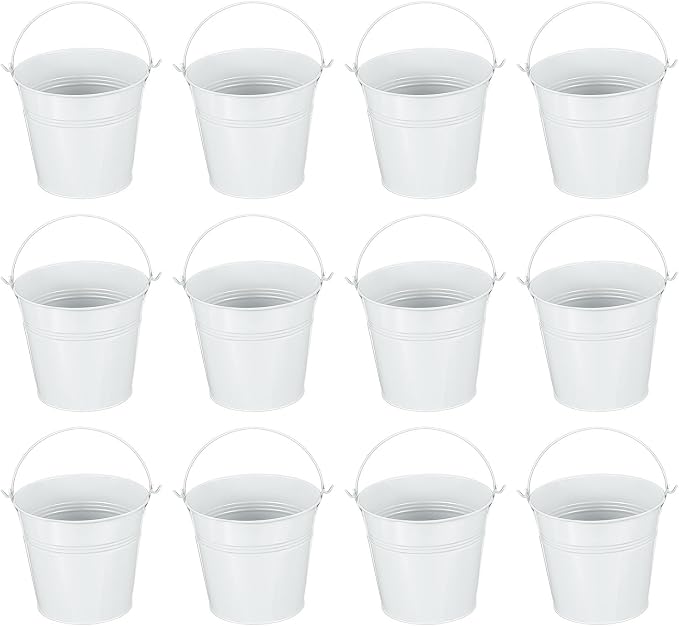 PATIKIL 5.1"x4.7" Small Metal Buckets with Handle, 12 Pcs Mini Galvanized Bucket Colorful Easter Buckets for Crafts Party Favors Decoration, White