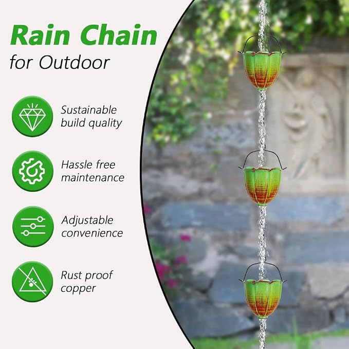 Rain Chains for Outside, 10FT Rain Water Chain with 12 Lily Cups, Adjustable Rain Gutter Chain with Bell for Eaves Drainage, Replacement for Downspout