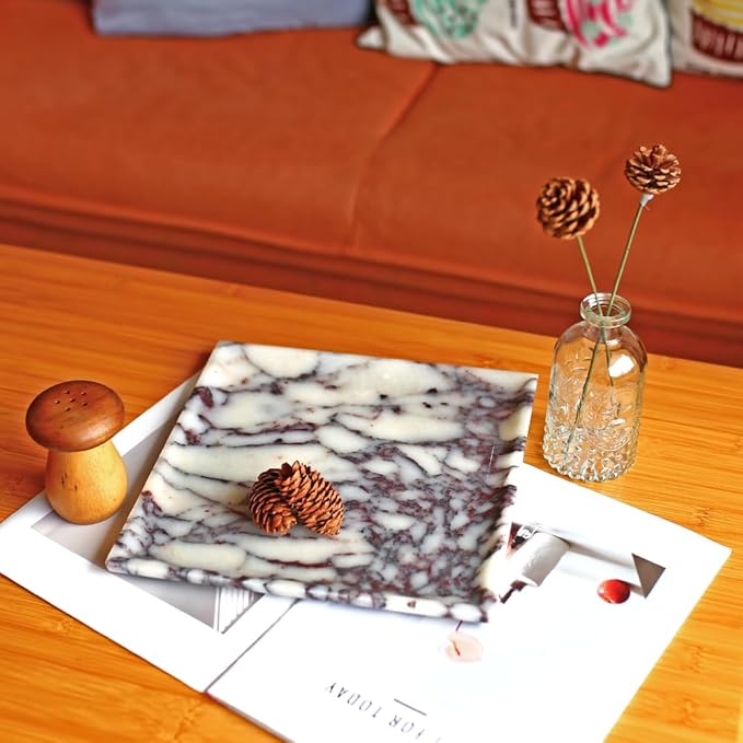 DUANYAN Natural Marble Tray, Coffee Table, Food, Fruit, Paper Cup, Cake Display, Coffee bar, Family Gatherings, Seasonal Holiday Decoration Tray(Viola-square-9.8"x9.8"x0.7")