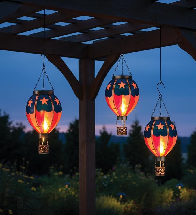 Regal Art & Gift Hot Air Balloon Solar Lantern – Hanging Solar-Powered LED Lights, Waterproof Portable Decorative Outdoor Lamp Made of Metal & Glass for Garden, Patios & Pathway – Americana (Small)