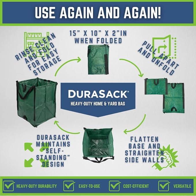 DURASACK Heavy Duty Home and Yard Waste Bag 48-Gallon Woven Polypropylene, Reusable Lawn and Leaf Garden Bag with Reinforced Carry Handles, Pop-Up Self-Standing Garbage Can, Blue (Pack of 2)