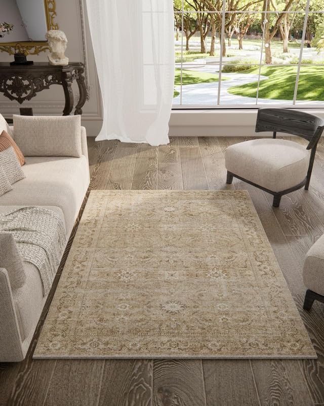 3x5 Washable Area Rugs for Bedroom: Entryway Rug with Non Slip Backing Low Pile Soft Faux Wool Distressed Vintage Boho Small Throw Rugs for Living Room Kitchen Office Nursery Entrance Enytry Indoor
