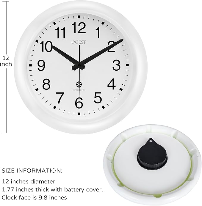 OCEST 12 Inch Sealed Indoor Outdoor Clock Waterproof, Silent Battery Operated Wall Clocks Decor for Patio Pool Porch Garden (White)