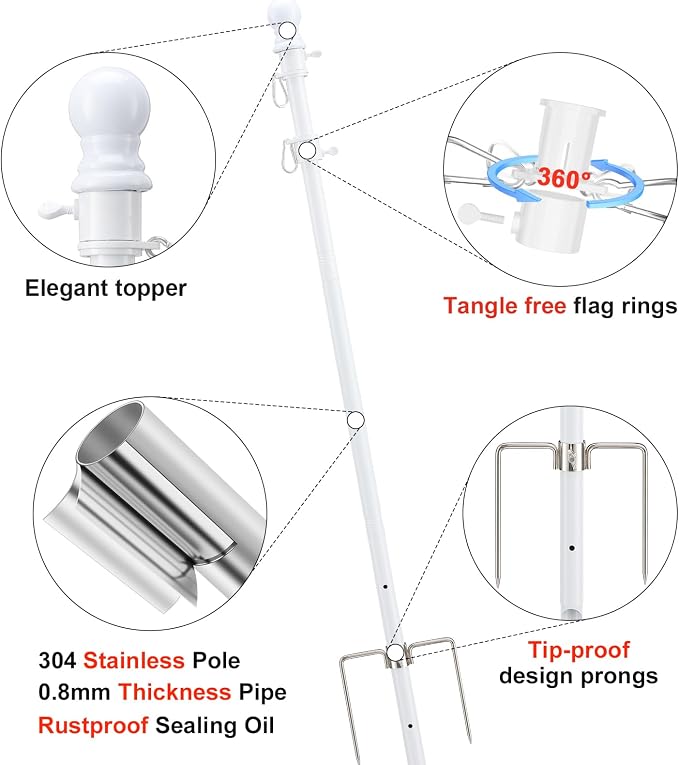 Heavy Duty Ground Flag Pole Kit with 3x5 US Flag - 8.5FT Tangle Free Yard Flag Pole with Anti-Tip Windproof Prong, Portable for Outside House, Yard, Outdoor, Camping - White (1 Pack)
