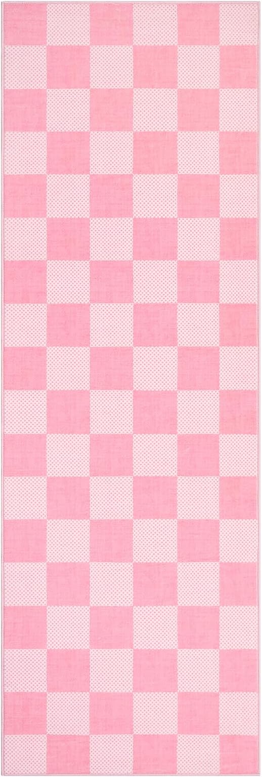 GarveeHome Checkered Pink 2x6 Washable Kitchen Runner Rug Low-Pile Entryway | Pink and White Small Area Rug for Hallway Bedroom Bathroom Non-Slip Stain Resistant Geometric Rugs TPE Backing
