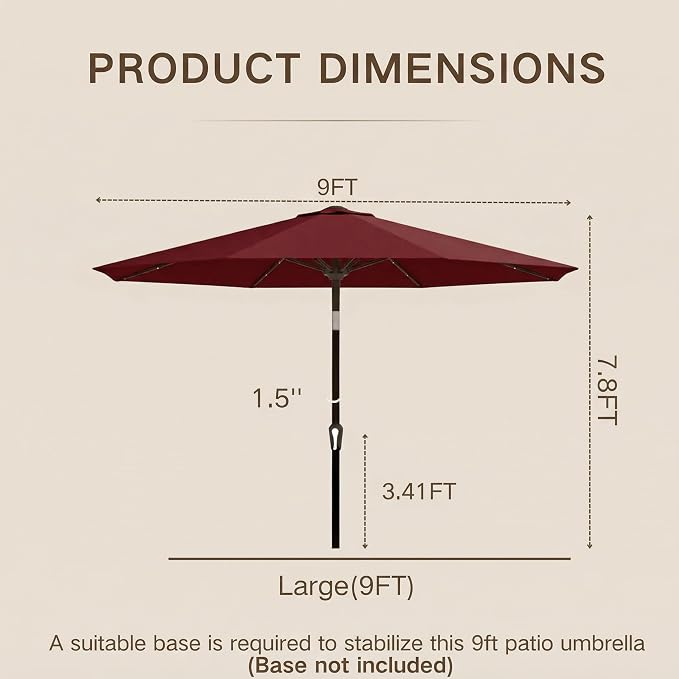 Kingdura 9FT Outdoor Patio Umbrella with Solar Lights, Market Table Umbrella with Push Button Tilt & Crank, 8 Sturdy Ribs, 32 LED Lights, UV Protection for Garden Lawn Deck Backyard Pool (Dark red)