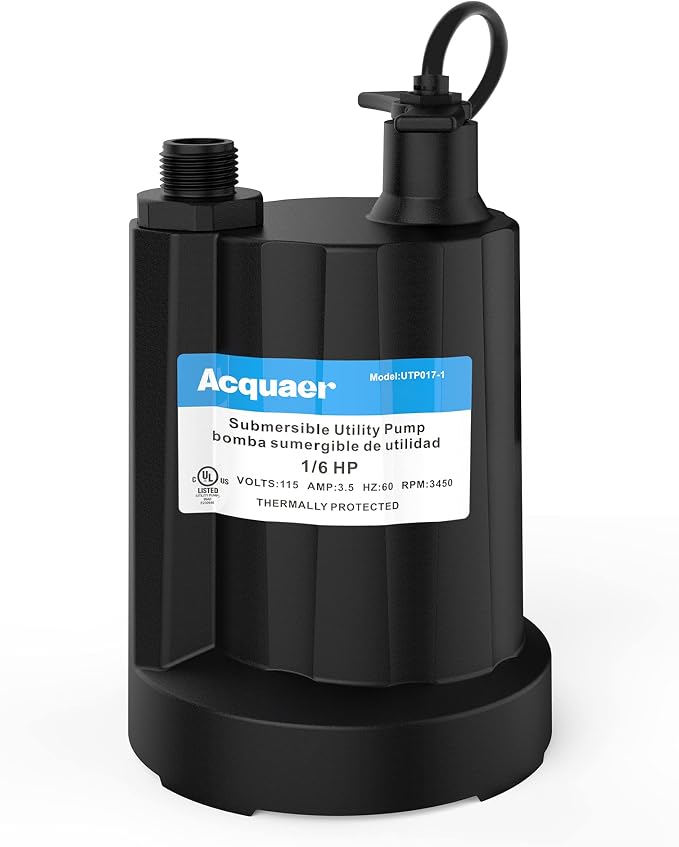 Acquaer Submersible Water Pump 1/6 HP Sump Pump Thermoplastic Utility Pump Small Electric Water Pump 1750GPH Water Remove for Basement Hot Tubs Garden Pool Cover Draining with 10 ft Cord | Thermoplastic Utility Pump Electric Water Pump Water Remove for...