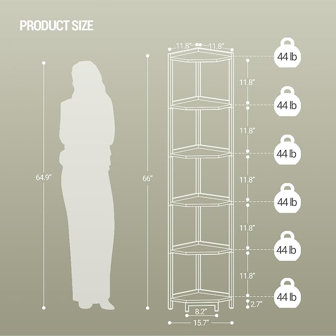 Hzuaneri Corner Shelf Stand, Corner Bookshelf, Storage Standing Shelf Unit with Metal Frame, Plant Stand, Bookcase for Living Room, Home Office, Bedroom, 6-Tier White CS06013W
