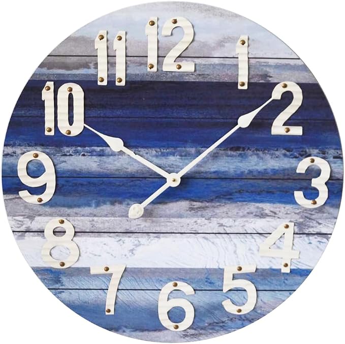 24 Inch Large Beach Blue Wall Clock, Silent Non-Ticking Battery Operated Wall Clock, Rustic Vintage Beach Coastal Wall Decor, Farmhouse Wall Clocks for Living Room, Kitchen, Bedroom