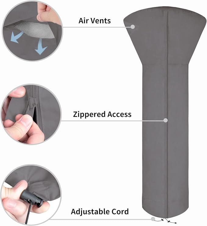 Easy-Going Patio Heater Cover with Zipper and Storage Bag, Waterproof Outdoor Heater Cover Dustproof, UV-Resisant, Wind-Resistant (89"H x 33"D x 19"B, Grey)