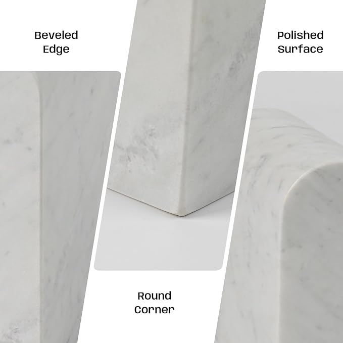 Marble Bookends for Shelves, Decorative Book Ends, 13lbs Heavy-Duty Marble Book Holders, Stone Bookshelf Decor, Carrara White