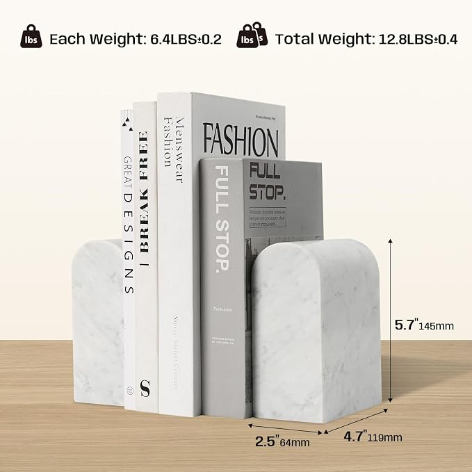 Marble Bookends for Shelves, Decorative Book Ends, 13lbs Heavy-Duty Marble Book Holders, Stone Bookshelf Decor, Carrara White