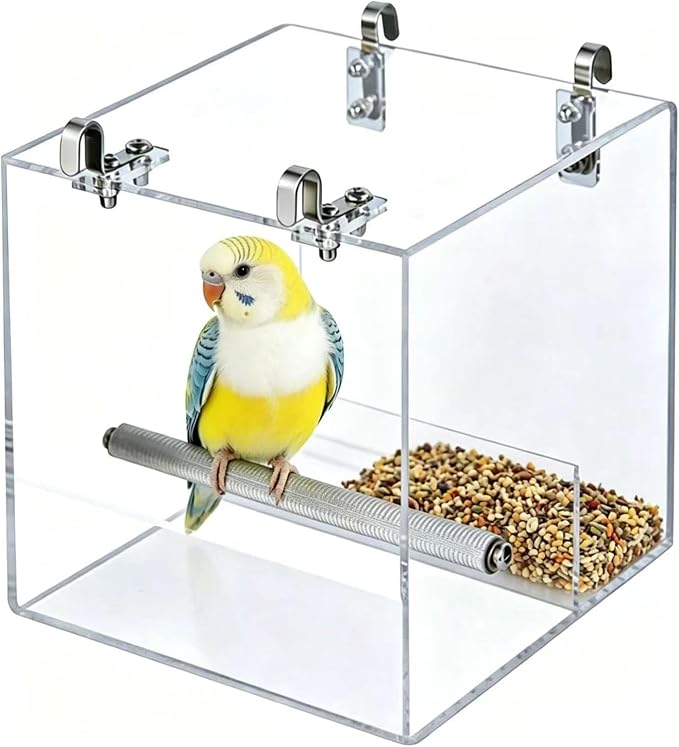 Automatic Bird Feeder for Cage, Automatic Acrylic Bird Feeder No Mess Bird Cage for Small Bird Parrots Canary Parakeet Budgerigar Crested Myna Cockatiel (L: 6.2" x 6.3" x 6.3")