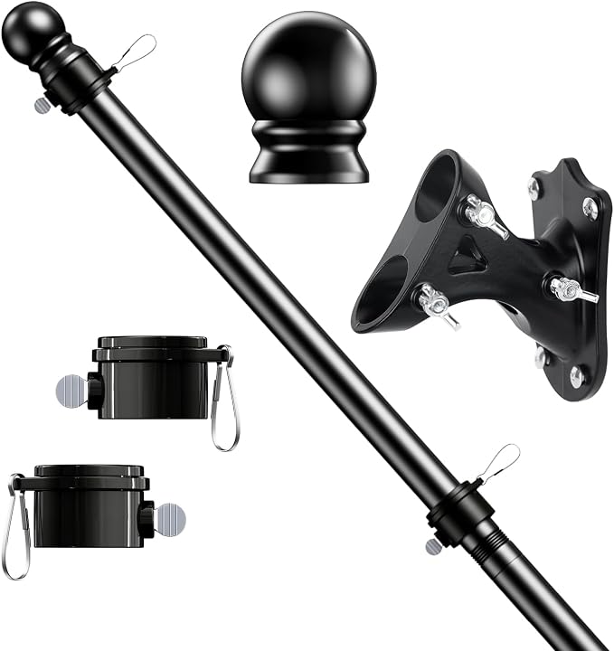 5 FT Flag Pole Kit, Tangle Free Spinning Weather Resistant Rustproof Stainless Steel Flagpole with Base for 3x5 Sports Flag 1" Dia Flag Pole Holder for Outside House, Wall (Black)