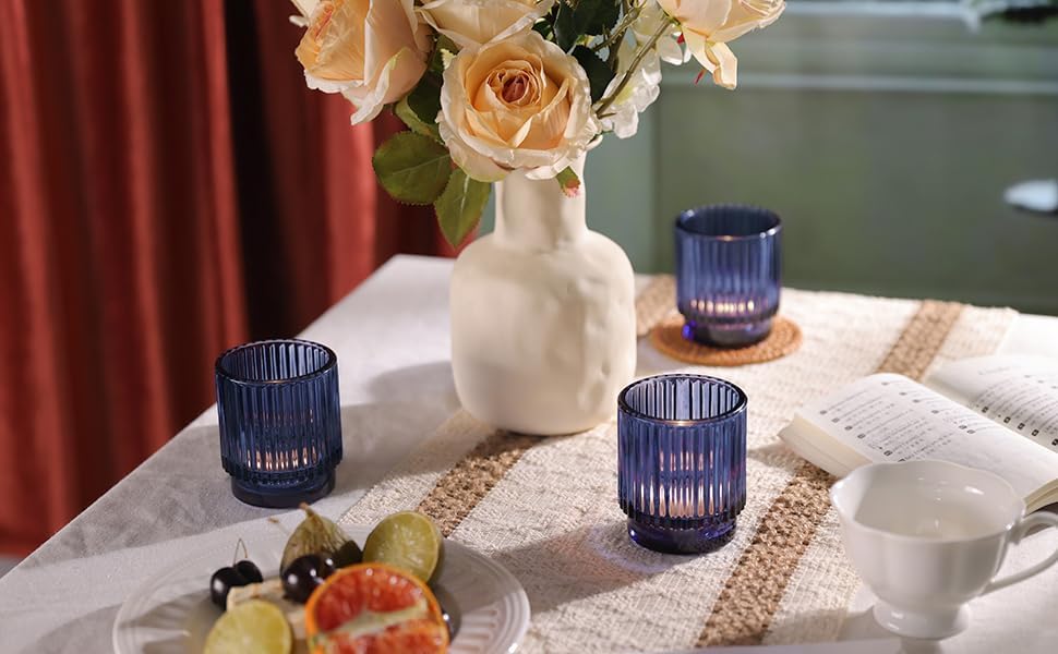 DEVI 8 Pcs Blue Votive Candle Holder for Wedding Centerpieces, Glass Ribbed Tea Light Holder for Wedding Table Decorations, Navy Blue Decor for Party Home Farmhouse Decorations - Image 3