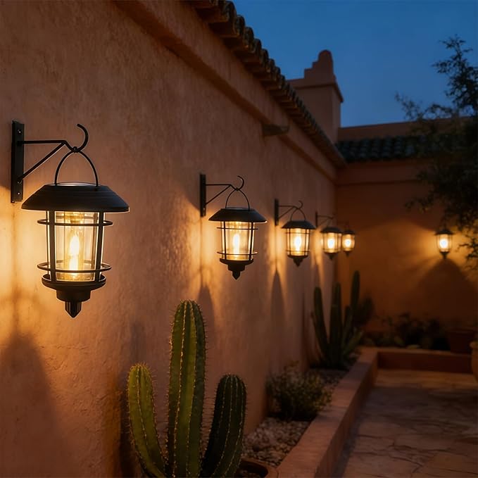 Dynaming 2 Pack Solar Lanterns Outdoor, Hanging Lantern Solar Garden Lights with Edison Bulb, Wall Mounted LED Light Auto On/Off, Waterproof for Garage Stair Patio Front Porch Yard, Warm White