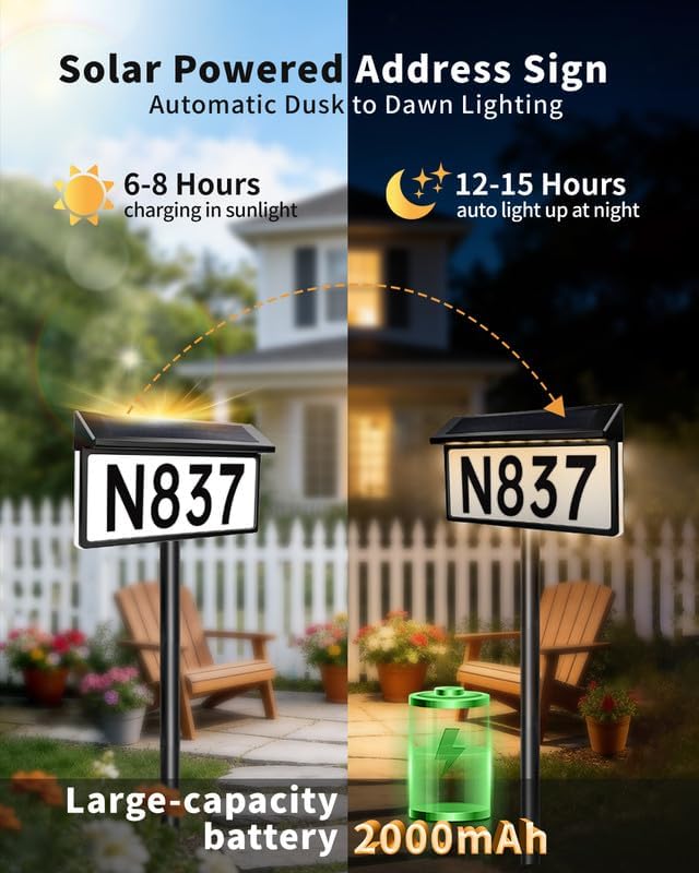 BRIMAX Solar Powered Address Sign,Lighted House Number Plaque IP65 Waterproof,3 Color Modes,Upgraded Side-Lit LED Sign,In-Ground Or Wall Mounted for Outside