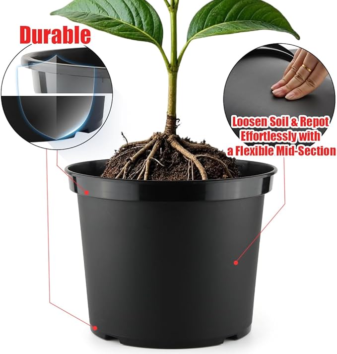 RooTrimmer 5 Gallon Nursery Pots 10-Pack, 12 Inch Plastic Planter with Drainage Holes – Round, Sturdy, Deep Design for Indoor/Outdoor Plants