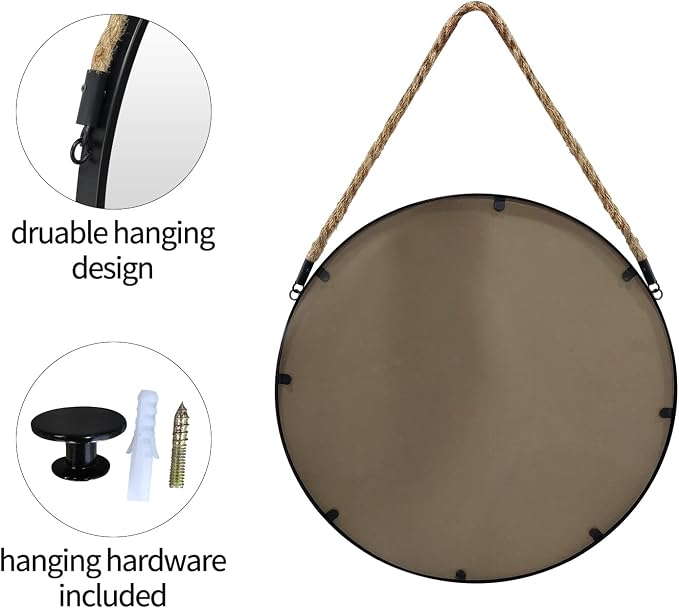 POZINO 15" Small Round Rope Hanging Mirror with Black Metal Frame | Circle HD Mirror with Jute Rope, Anti-Rust, Farmhouse Decorative Wall Mirror for Entryway, Living Room, Fireplace, Bedroom