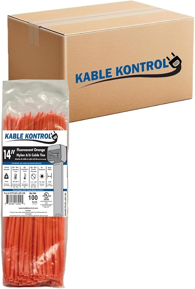 Kable Kontrol Fluorescent Orange Zip Ties 14 Inch 6,000 Pcs, 50 Lbs Tensile Strength, Bulk Pack, Self-locking Nylon Colored Cable Ties Wire Wraps for Indoor or Outdoor Use