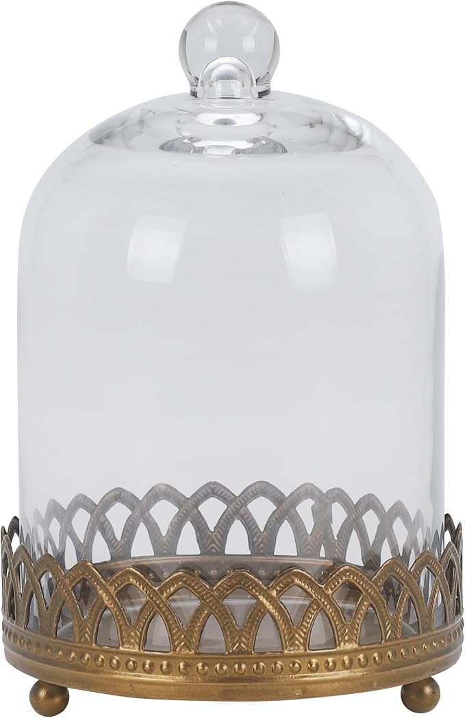 Twakutwku 8" Tall Large Sturdy Handmade Glass Cloche Dome with Metal Base in Gold for Plant, Terrarium, Collectibles, Candle. Cloche Glass Dome, Bell Jar Display Case (Gold, 8")