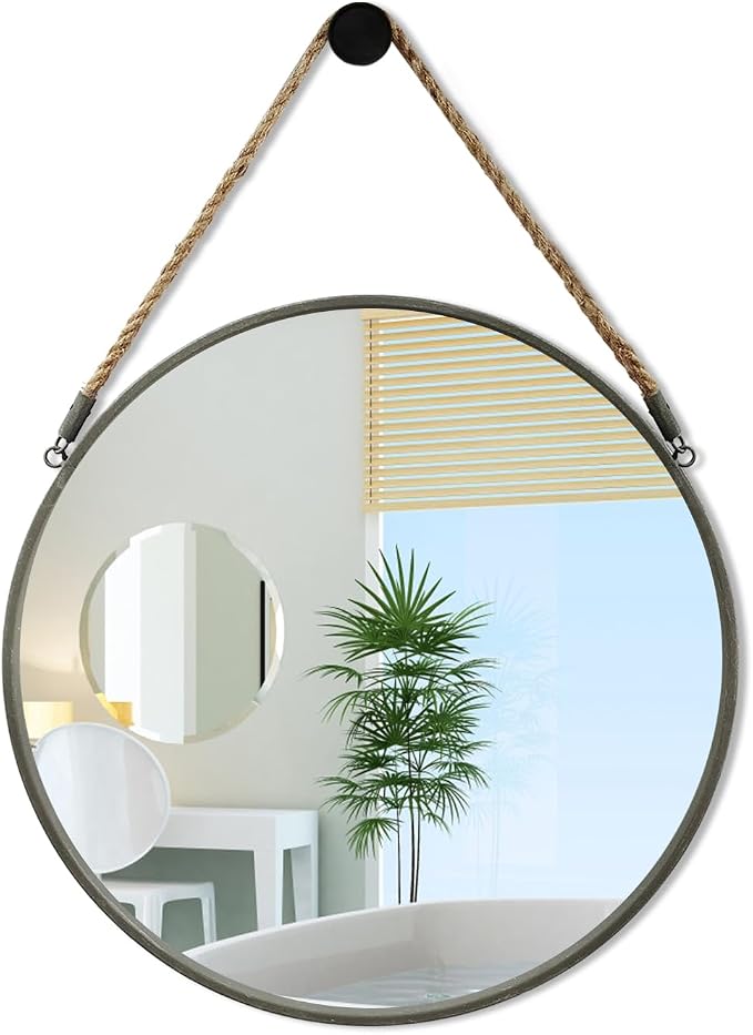 POZINO 15" Small Round Hanging Mirror with Grey Metal Frame