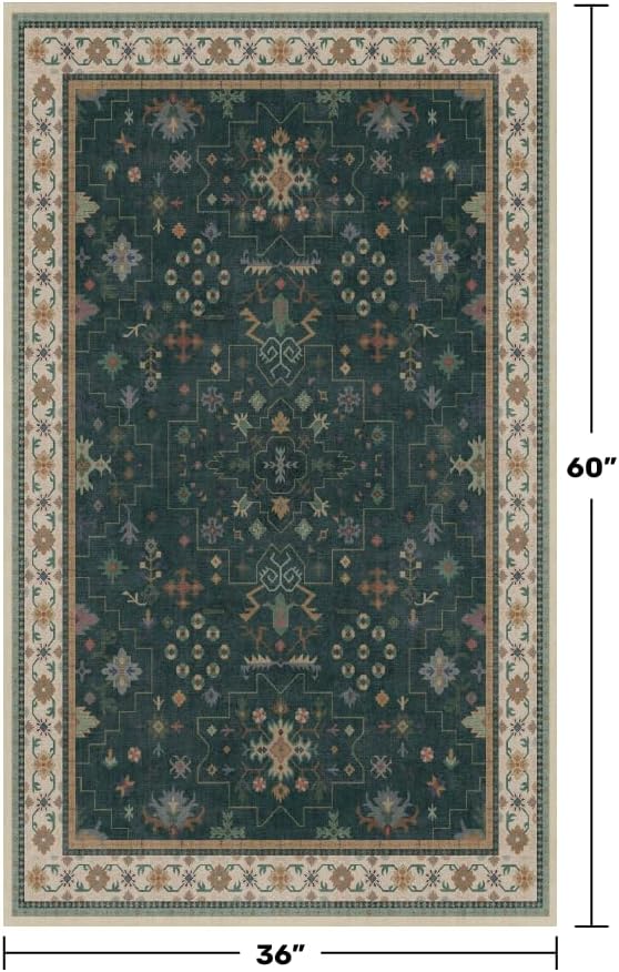 Dark Green Oushak 3x5 Large Entryway Rug - Modern Vintage Boho Eclectic Floral Pastel, Washable Low Pile Non-Slip Area Rugs for Door Mat Indoor Entrance, Kitchen, Bedroom Beside Bed, Laundry