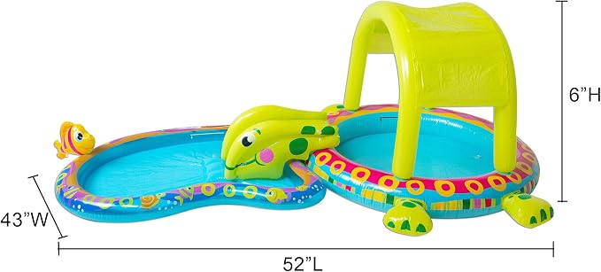Banzai Shade 'N Slide Turtle Inflatable Outdoor Kiddie Splash Pool with Fish Sprinkler, Removable Canopy, and Mini Slide for Ages 3+