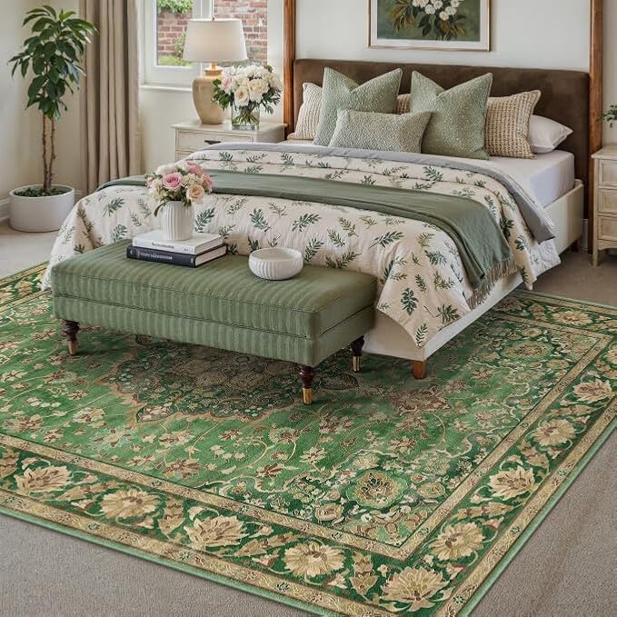 Green Area Rug 5x7 Living Room Vintage Floral Non-Slip Carpet | Machine Washable, Soft, Low Pile, Distressed, Large for Bedroom, Dining Room, Office, Retro Farmhouse Decor