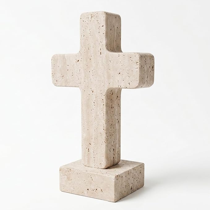 Natural Travertine Cross Decor for Home, Standing Christian Cross for Tabletop, Fireplace & Shelf, Catholic Religious Gift for Women Men, Stone Sculpture for Prayer Room