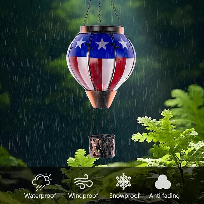 Hot Air Balloon Outdoor Lantern with Flickering Flame, Handmade Glass Solar Lantern with Flag Pattern Waterproof Lantern Lamp for Patio, Garden, Porch | Handmade Glass Outdoor Lantern, Flickering Flame, Waterproof Lantern Lamp for Patio, Garden, Porch,...
